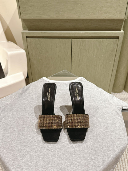 YSL 25S HEELED SANDALS 100 MM IN BLACK LAMBSKIN WITH GOLD RHINESTONE-EMBELLISHED STRAP