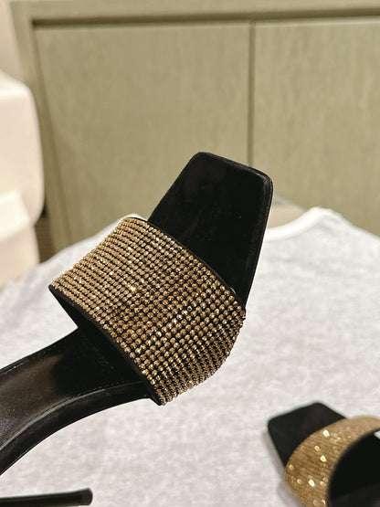 YSL 25S HEELED SANDALS 100 MM IN BLACK LAMBSKIN WITH GOLD RHINESTONE-EMBELLISHED STRAP