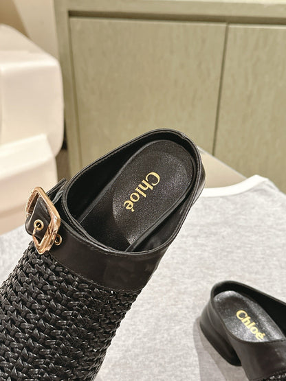 CHLOÉ 26S WOVEN MULES IN BLACK CALFSKIN