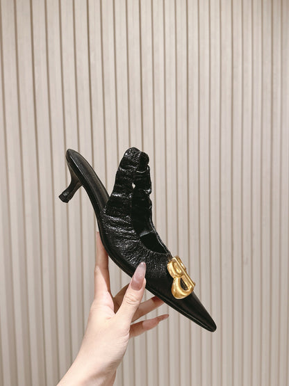 BALENCIAGA 25S HIGH SLINGBACK 45 MM IN BLACK LAMBSKIN WITH GOLD HARDWARE