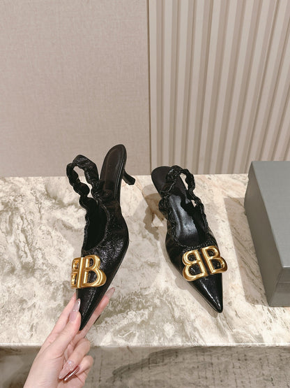 BALENCIAGA 25S HIGH SLINGBACK 45 MM IN BLACK LAMBSKIN WITH GOLD HARDWARE