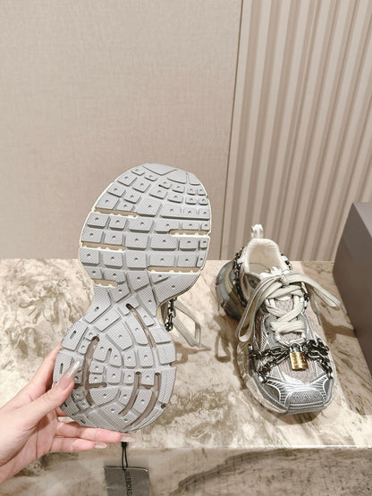 BALENCIAGA 25S 3XL SNEAKERS CHAIN-PADLOCK IN BEIGE MESH FABRIC AND SILVER PU