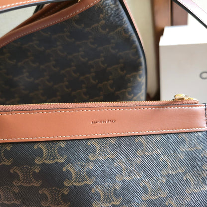 CELINE 25S SOFT SHOPPER BAG 32 IN BLACK TRIOMPHE CANVAS AND BROWN CALFSKIN