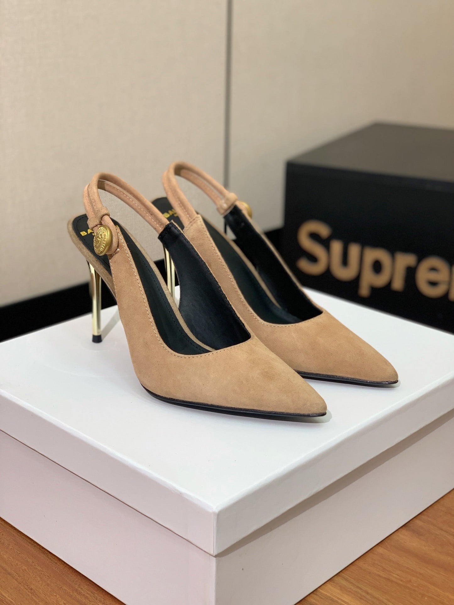 BALMAIN 26S SLINGBACK 95 MM IN LIGHT BROWN SUEDE