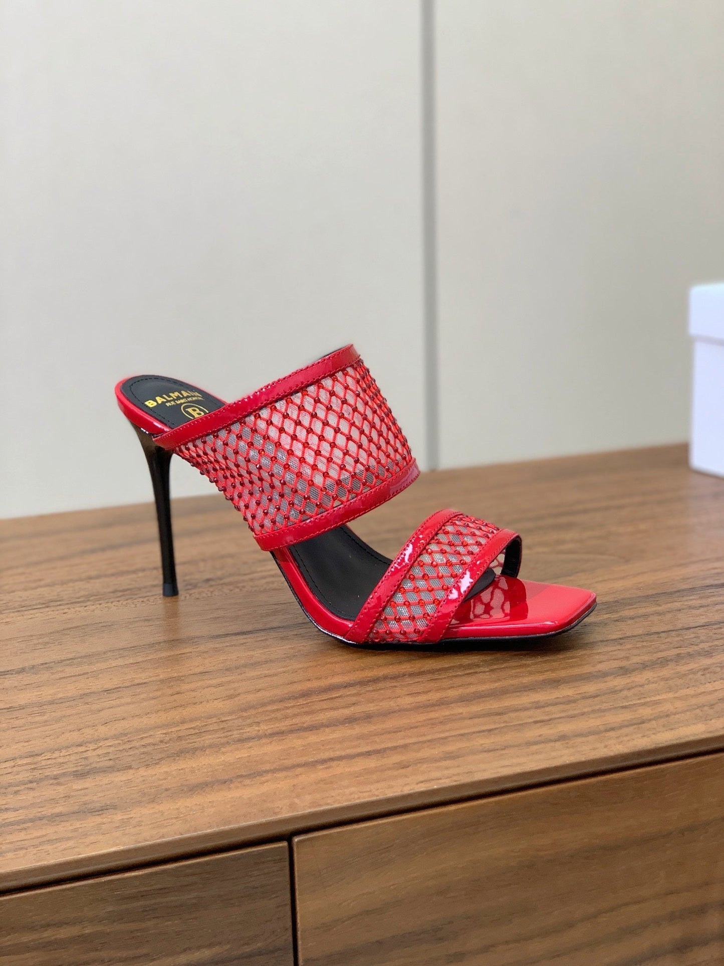 BALMAIN 26S HEEL SANDALS 95 MM IN RED MESH FABRIC WITH CRYSTAL EMBELLISHMENT