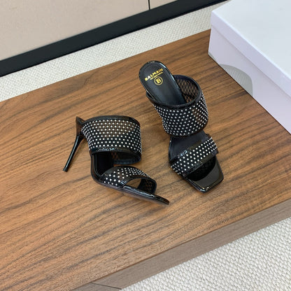 BALMAIN 26S HEEL SANDALS 95 MM IN BLACK MESH FABRIC WITH CRYSTAL EMBELLISHMENT