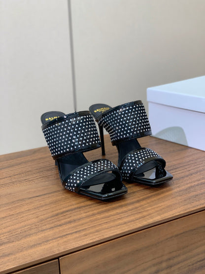 BALMAIN 26S HEEL SANDALS 95 MM IN BLACK MESH FABRIC WITH CRYSTAL EMBELLISHMENT