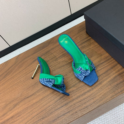BALMAIN 25S HIGH HEEL MULES 95MM IN EMERALD GREEN DENIM AND CALFSKIN
