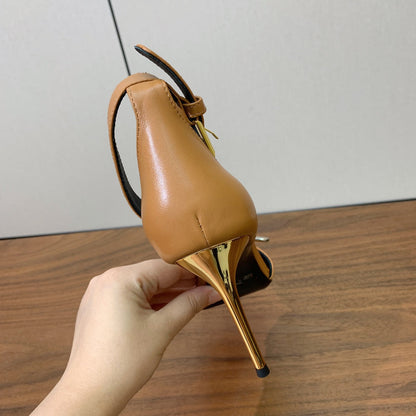 BALMAIN 26S HEELED SANDALS 95 MM IN BROWN CALFSKIN WITH GOLD HARDWARE