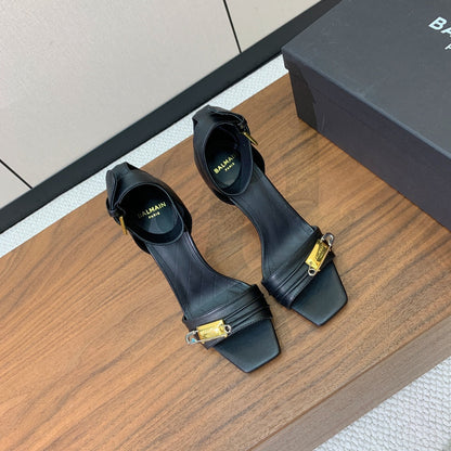 BALMAIN 26S HEELED SANDALS 95 MM IN BLACK CALFSKIN WITH GOLD HARDWARE