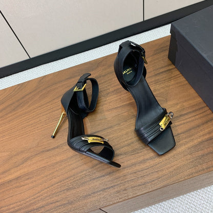 BALMAIN 26S HEELED SANDALS 95 MM IN BLACK CALFSKIN WITH GOLD HARDWARE