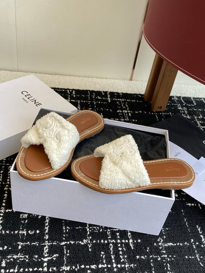 CELINE 26S TRIOMPHE FLAT SLIDES IN WHITE WOOL