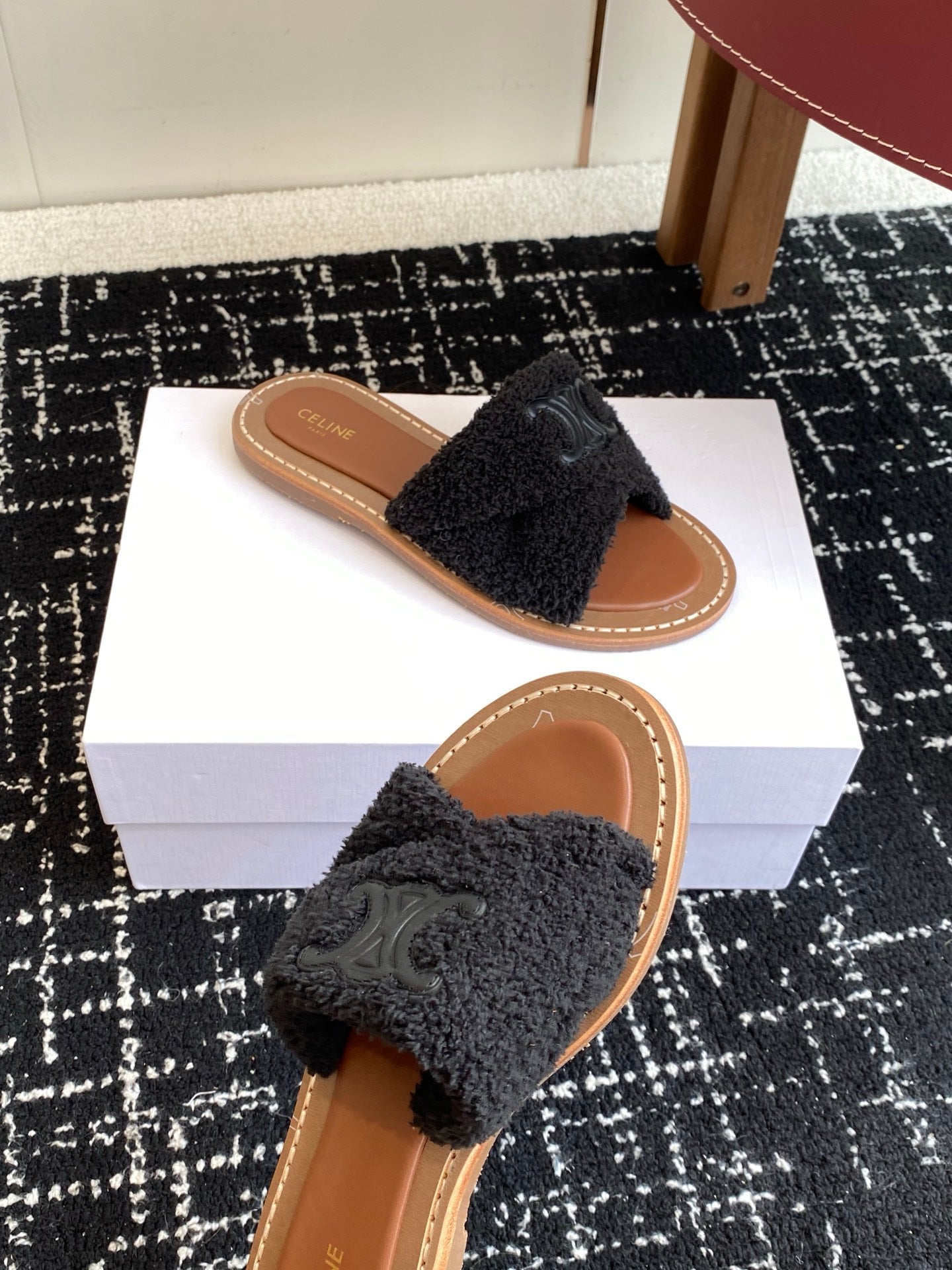 CELINE 26S TRIOMPHE FLAT SLIDES IN BLACK WOOL
