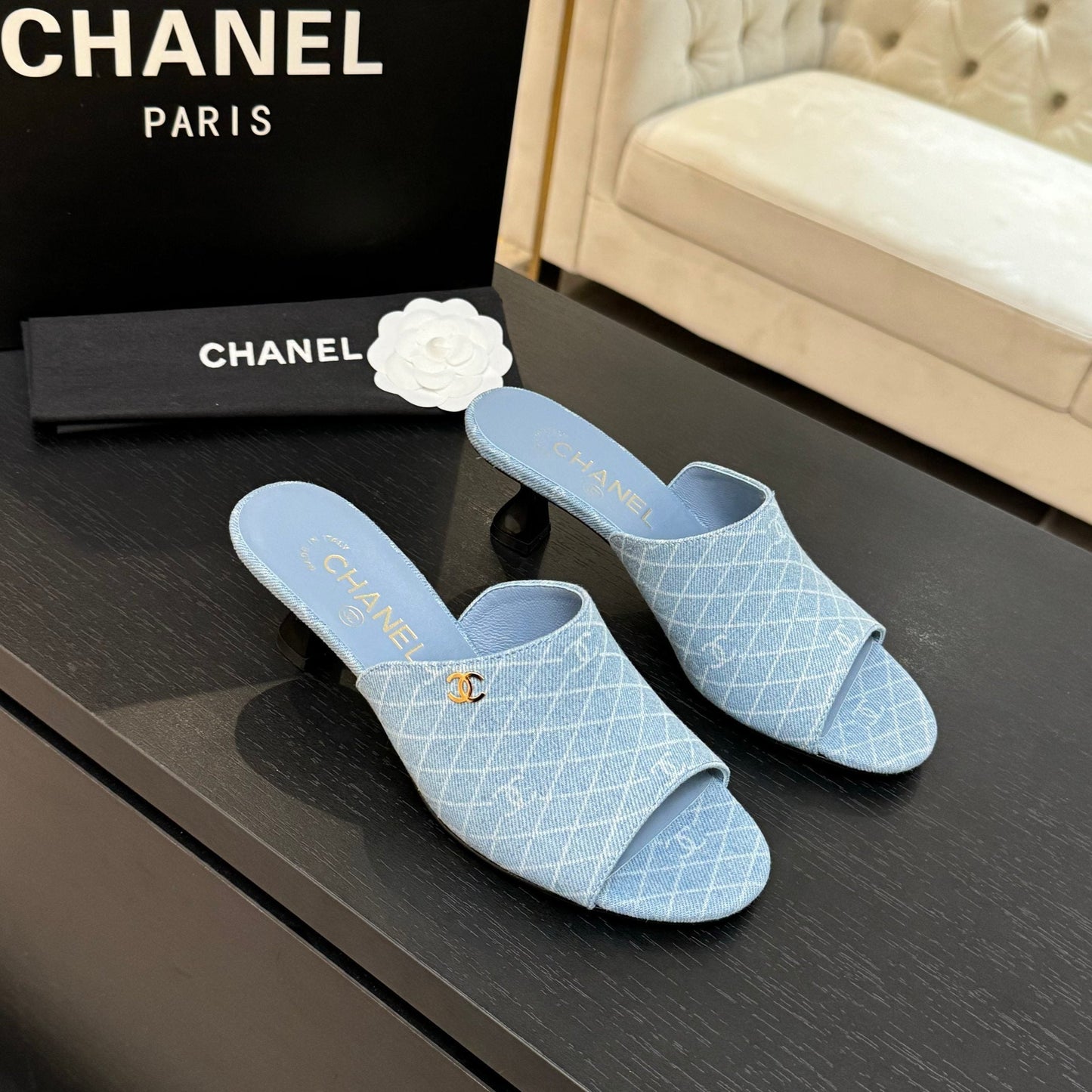 PEEP TOE MULE 55MM IN SKY BLUE DENIM CHECKERED AND LOGO