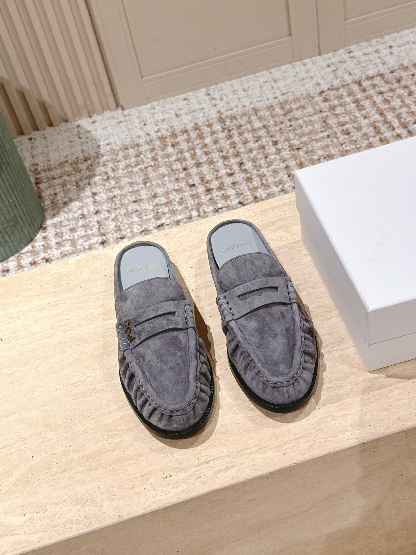YSL 25S LOAFER MULE IN GRAY SUEDE