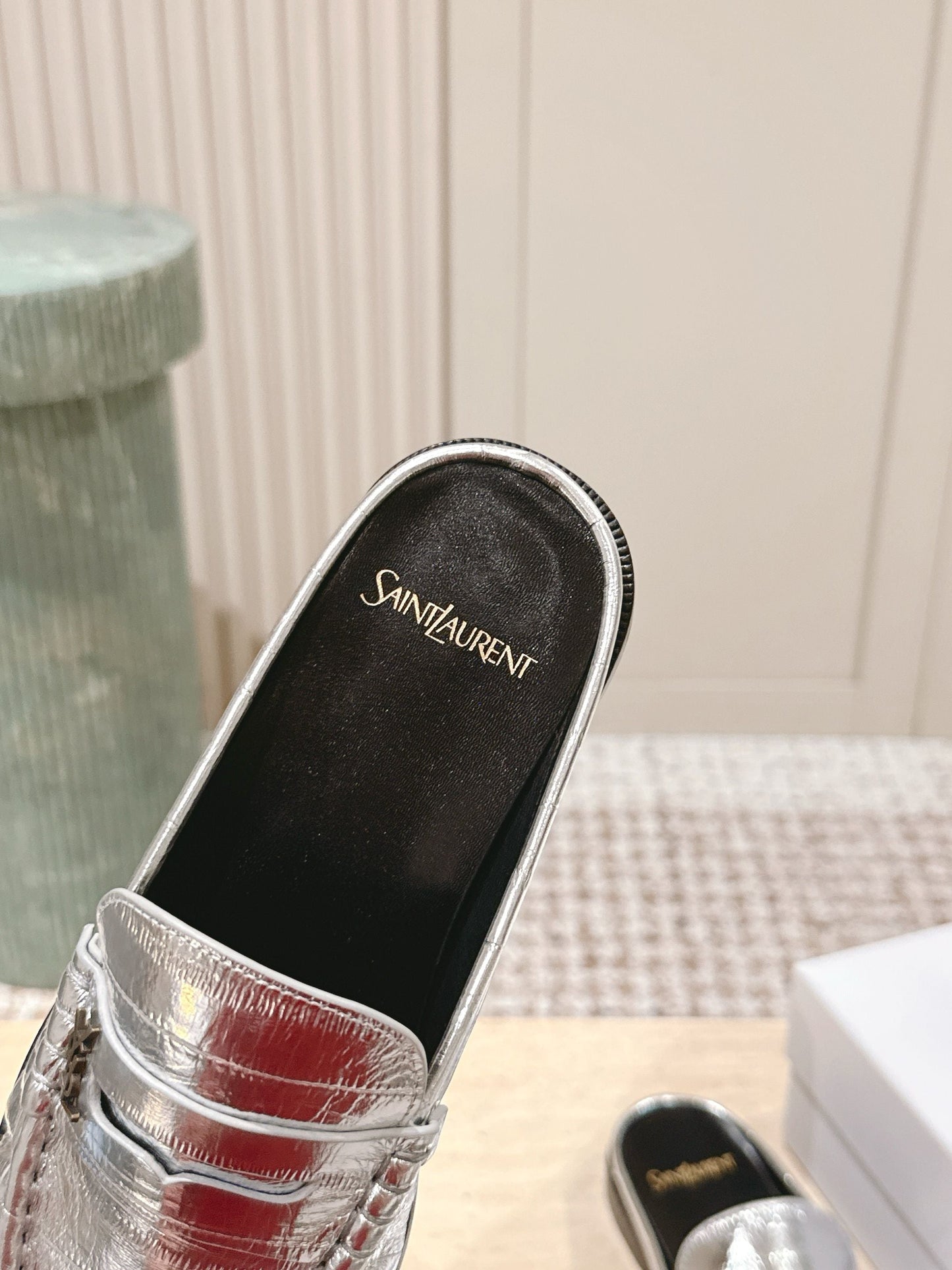 YSL 25S LOAFER MULE IN SILVER CALFSKIN