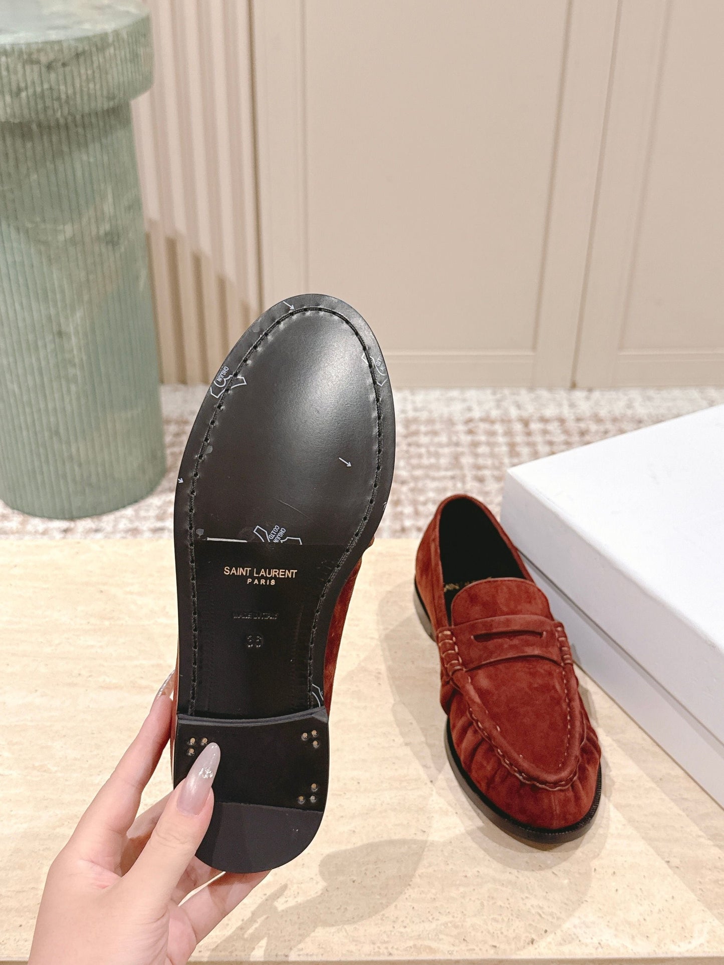 YSL 25S SAINT LAURENT LOAFERS IN DARK BRICK RED SUEDE WITH SMALL LOGO