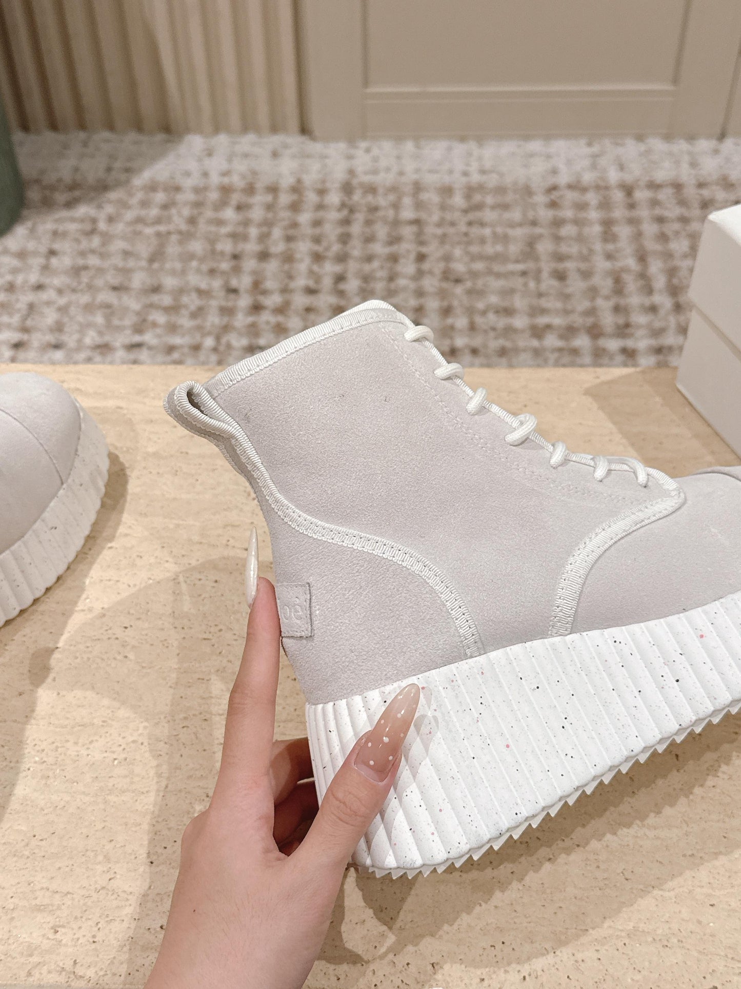 CHLOÉ 26S PLATFORM SOLE BOOTS 68 MM IN LIGHT BLUSH GRAY SUEDE