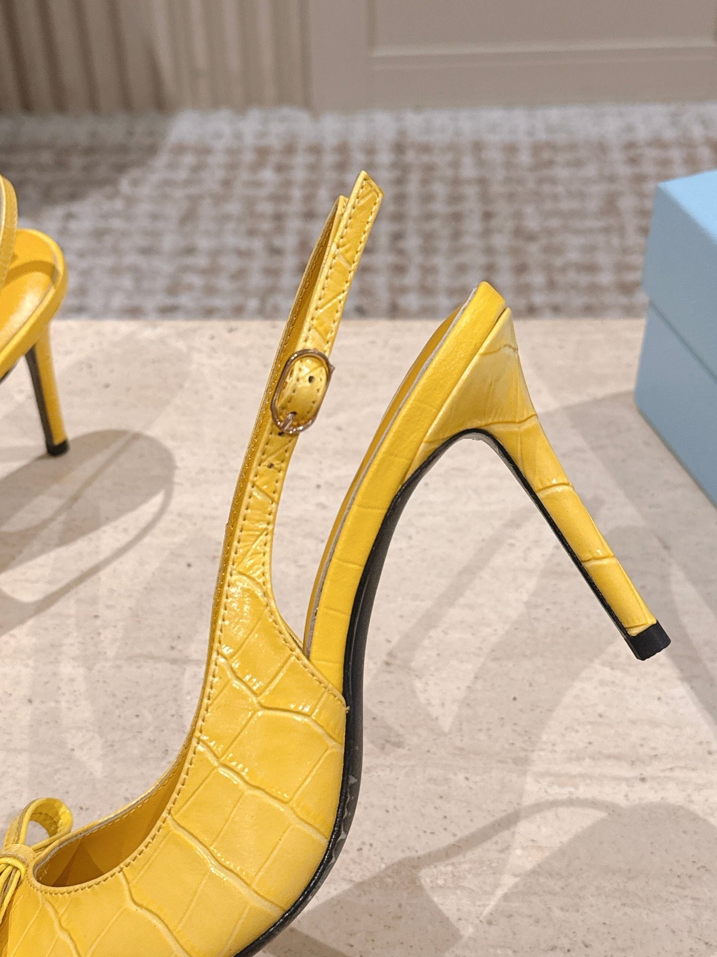 PRADA 26S POINTED-TOE SLINGBACK HEELS 85MM IN GOLDEN YELLOW CROC-EMBOSSED CALFSKIN