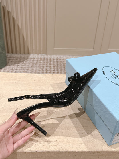 PRADA 26S POINTED-TOE SLINGBACK HEELS 85MM IN BLACK CROC-EMBOSSED CALFSKIN