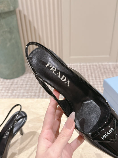 PRADA 26S POINTED-TOE SLINGBACK HEELS 75MM IN BLACK PATENT CALFSKIN