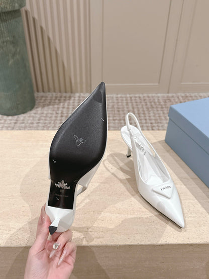 PRADA 26S POINTED-TOE SLINGBACK HEELS 75MM IN WHITE SHINY CALFSKIN