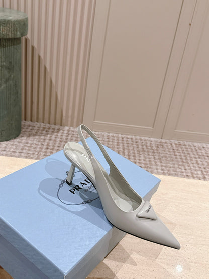 PRADA 26S POINTED-TOE SLINGBACK HEELS 75MM IN SOFT GRAY SHINY CALFSKIN