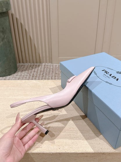 PRADA 26S POINTED-TOE SLINGBACK HEELS 75MM IN LIGHT PINK SHINY CALFSKIN