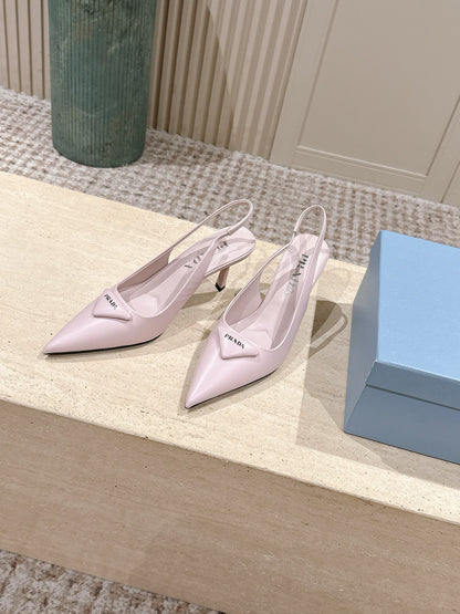 PRADA 26S POINTED-TOE SLINGBACK HEELS 75MM IN LIGHT PINK SHINY CALFSKIN