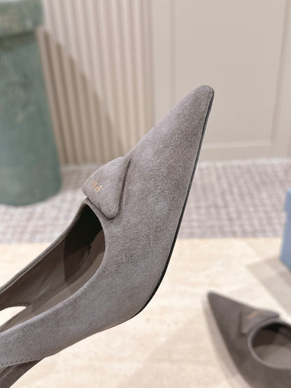 PRADA 26S POINTED-TOE SLINGBACK HEELS 75MM IN TAUPE GRAY SUEDE WITH LOGO