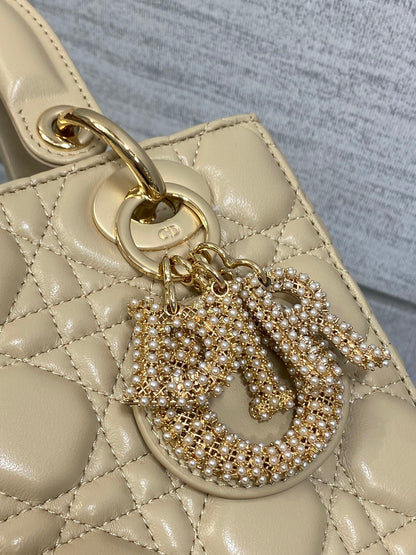 DIOR 25S LADY DIOR BAG 20 IN SAND BEIGE CALFSKIN CHARM PEARL EMBELLISHMENTS