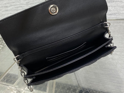 DIOR 25S DIOR TALK PHONE POUCH 21 IN BLACK CANNAGE LAMBSKIN SILVER HARDWARE