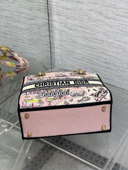 DIOR 25S SMALL LADY D-LITE BAG 24 IN PINK CANVAS DIOR BUTTERFLY