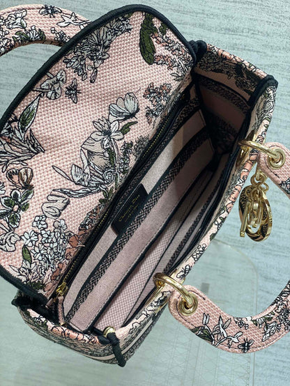 DIOR 25S SMALL LADY D-LITE BAG 24 IN PINK DIOR FLOWERS CALENDAR ALLOVER EMBROIDERY