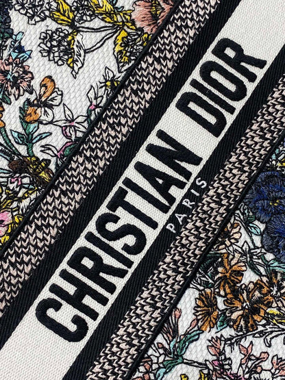 DIOR 25S LUCKY SMALL DIOR BOOK TOTE 26 IN MULTICOLOR DIOR FLOWERS CALENDAR ALLOVER EMBROIDERY