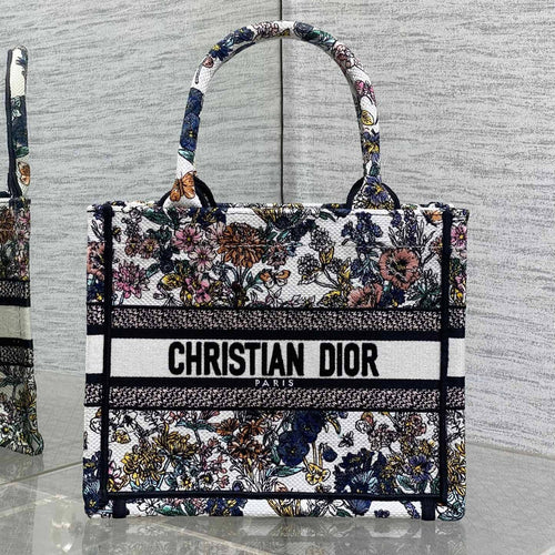 DIOR 25S LUCKY SMALL DIOR BOOK TOTE 26 IN MULTICOLOR DIOR FLOWERS CALENDAR ALLOVER EMBROIDERY