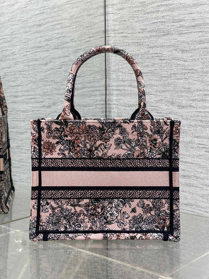 DIOR 25S LUCKY SMALL DIOR BOOK TOTE 26 IN PINK MULTICOLOR DIOR FLOWERS CALENDAR ALLOVER EMBROIDERY