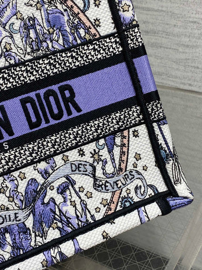 DIOR 25S SMALL BOOK TOTE 26 IN WHITE AND PURPLE DIOR NIGHT OF DREAMS EMBROIDERY