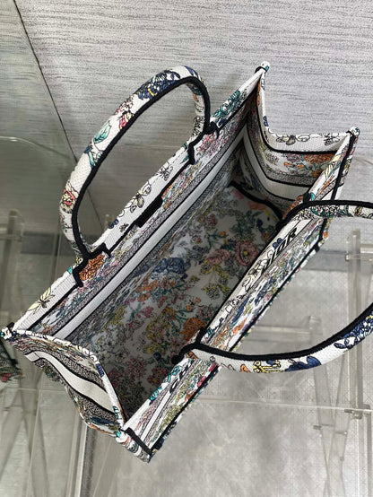 DIOR 25S LUCKY MEDIUM BOOK TOTE 36 IN MULTICOLOR COTTON FLOWERS CALENDAR ALLOVER EMBROIDERY