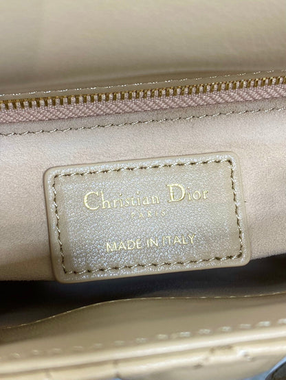 DIOR 25S MINI LADY DIOR BAG 17 IN BISCUIT CALFSKIN CHARM CRYSTAL EMBELLISHMENTS