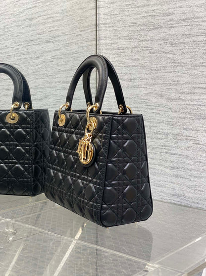 DIOR 25S MEDIUM LADY BAG 24 IN BLACK CALFSKIN GOLD HARDWRE
