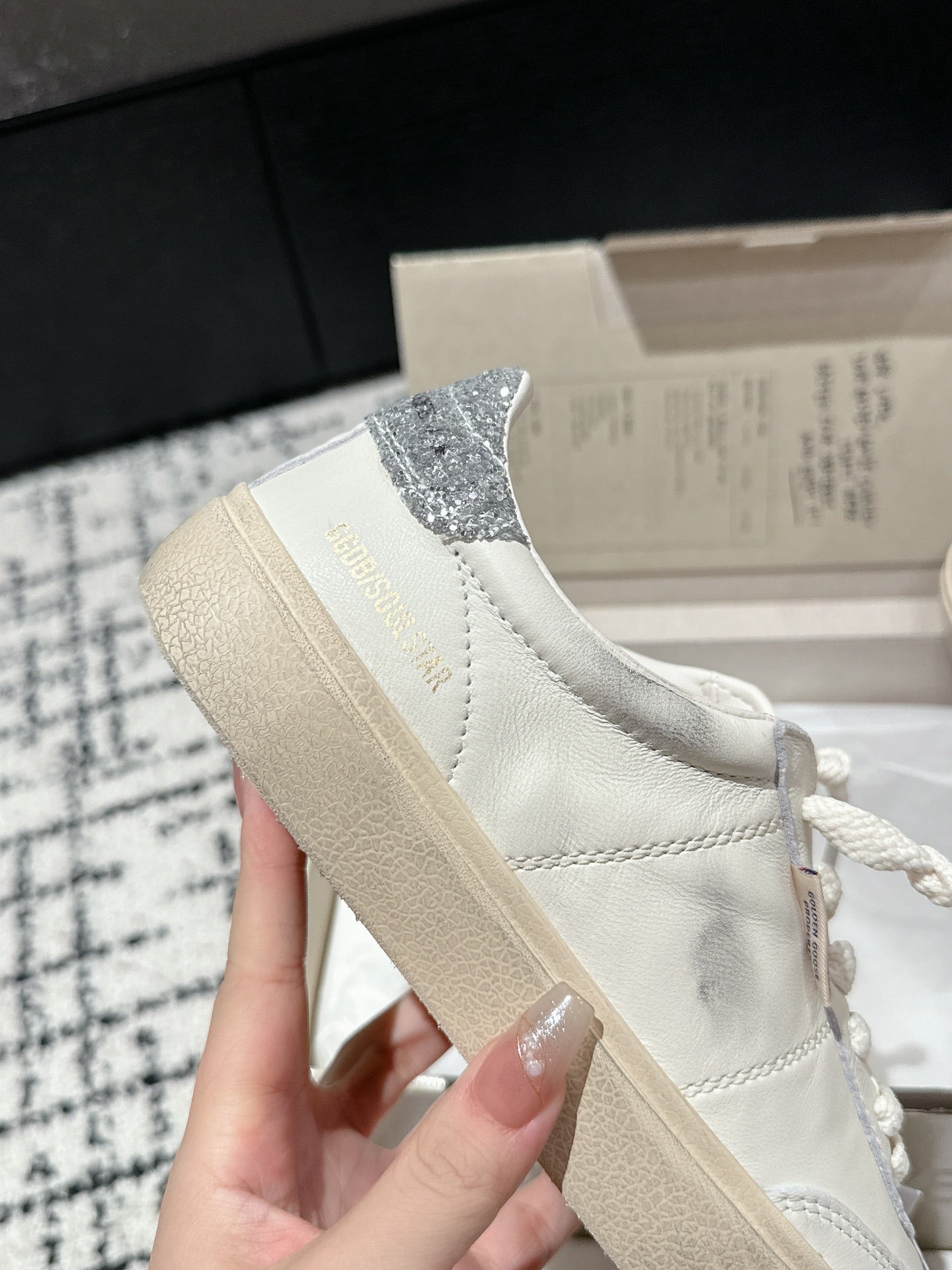 SOUL STAR SNEAKERS IN WHITE CALFSKIN SILVER GLITTER HEEL TAB