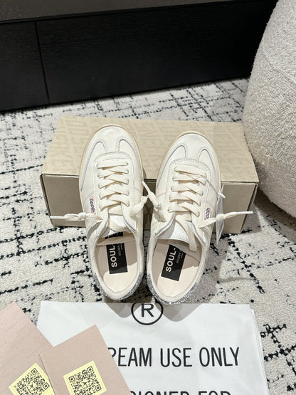 SOUL STAR SNEAKERS IN WHITE CALFSKIN SILVER GLITTER HEEL TAB