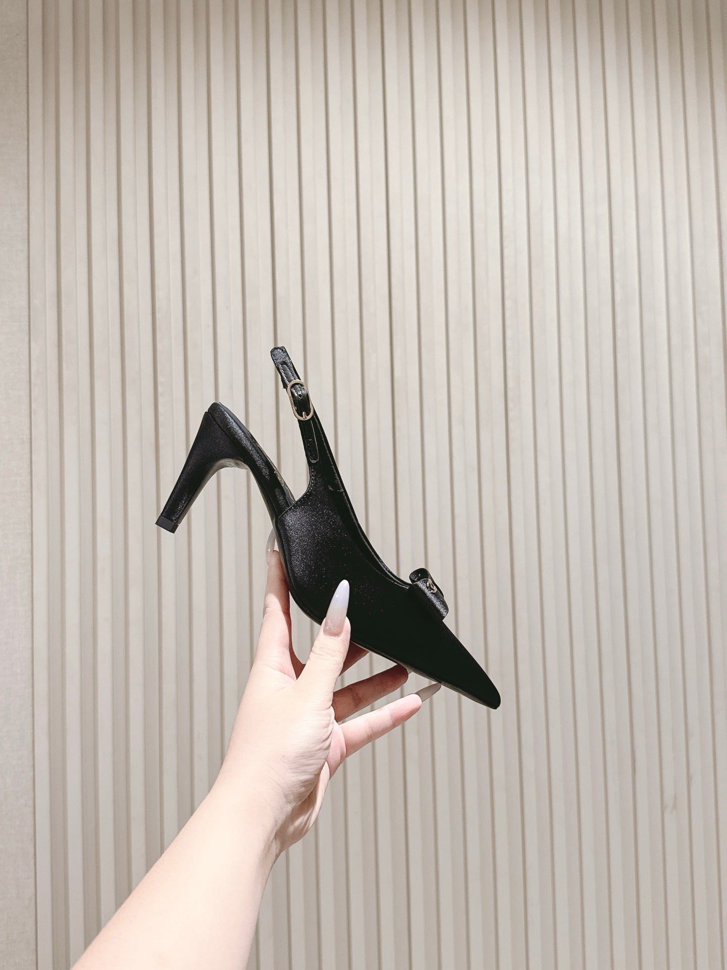 CC HIGH SLINGBACK IN BLACK SATIN WITH BOW ATTACHED
