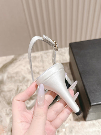 CC HIGH SLINGBACK IN WHITE SATIN WITH BOW ATTACHED