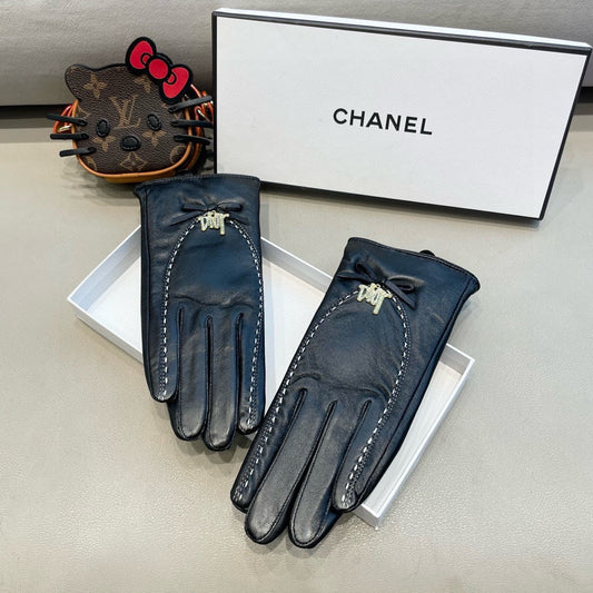 GLOVES ATTACHED BOW IN BLACK LAMBSKIN 458528