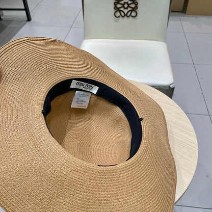 MM WIDE-BRIM BEACH HAT IN BEIGE WITH FABRIC BOW