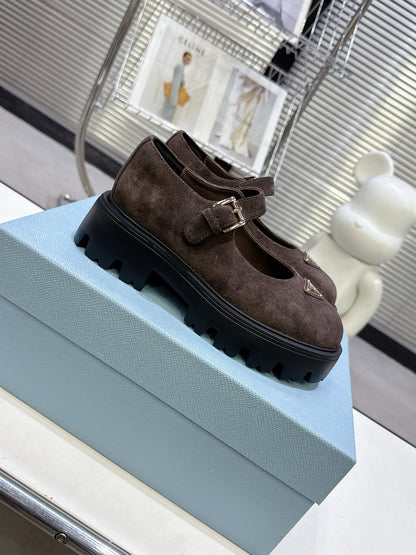 PRADA 25S PLATFORM MARY JANE SHOES IN DARK BROWN SUEDE STYLE 3