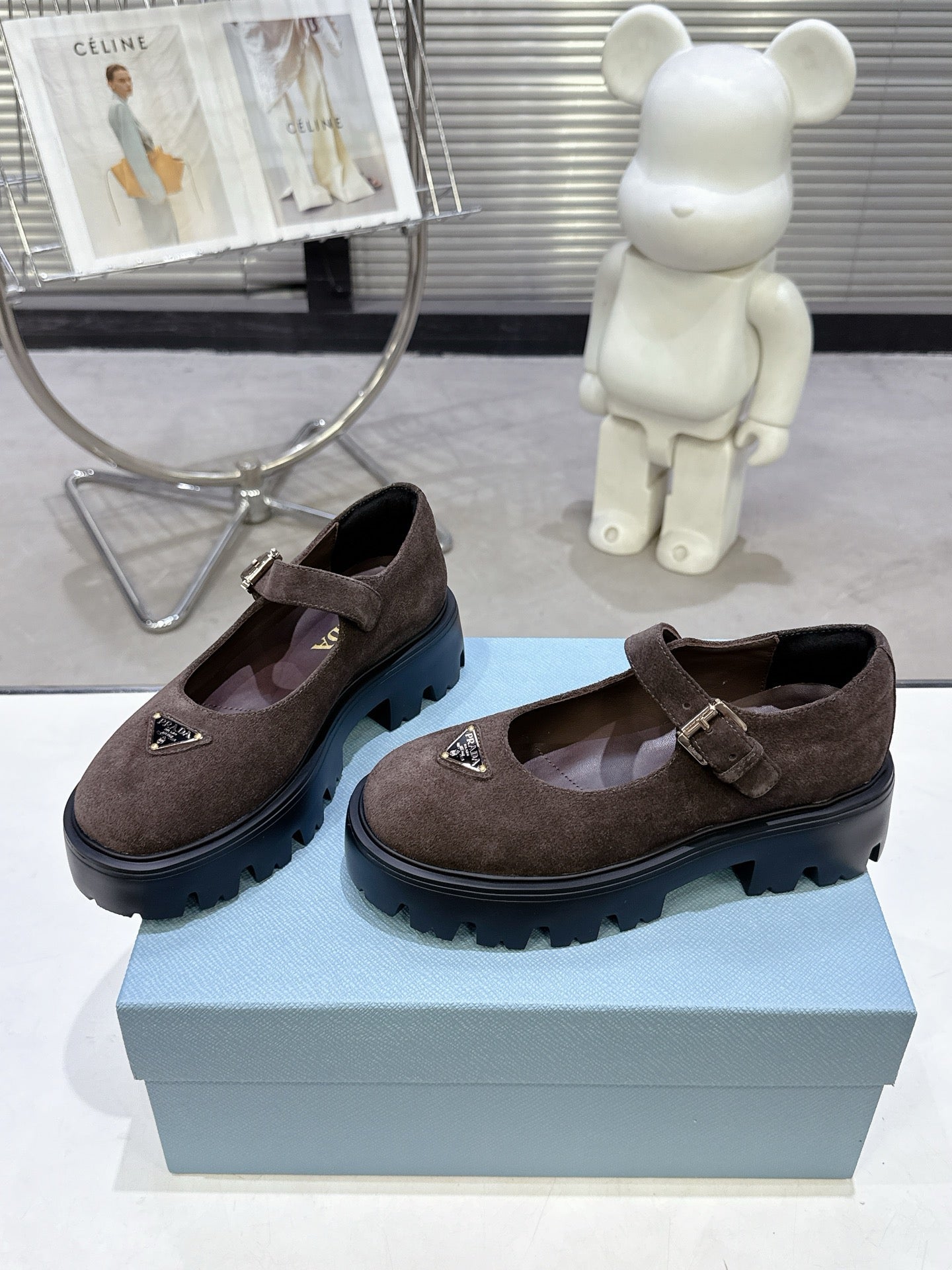 PRADA 25S PLATFORM MARY JANE SHOES IN DARK BROWN SUEDE STYLE 3