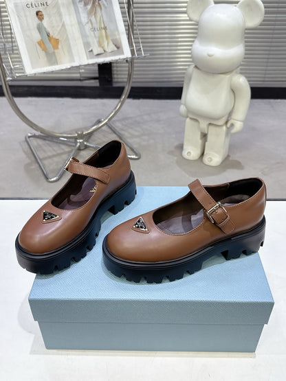PRADA 25S PLATFORM MARY JANE SHOES IN BROWN CALFSKIN STYLE 1